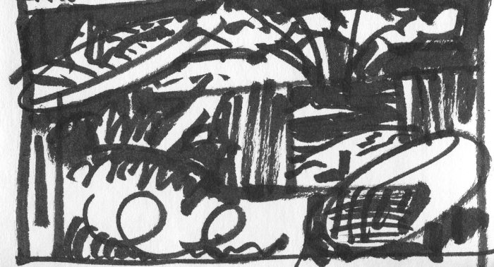 A loose brush pen sketch with random lines and marks that appear to be a landscape.