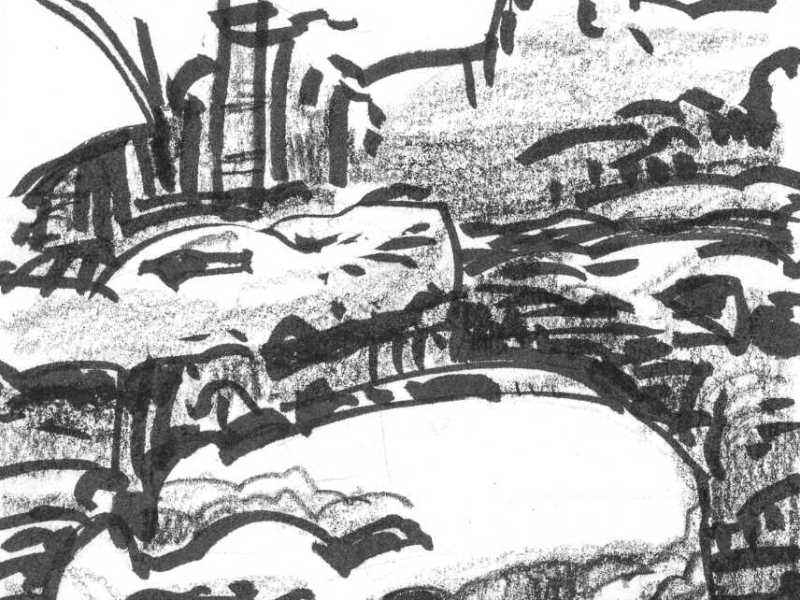 A conceptual landscape of large boulders rising from a body of water. The sketch was drawn with a black brush pen and crayon.