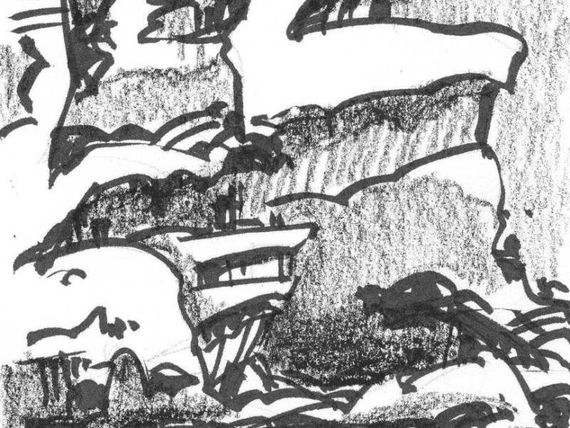 A conceptual landscape of cliffs rising out of the ground. The sketch was drawn with a black brush pen and crayon.